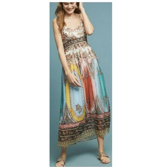 Anthropologie Virginia Floral Chiffon Pleated A-Line Maxi Dress White 6 - Picture 1 of 12
